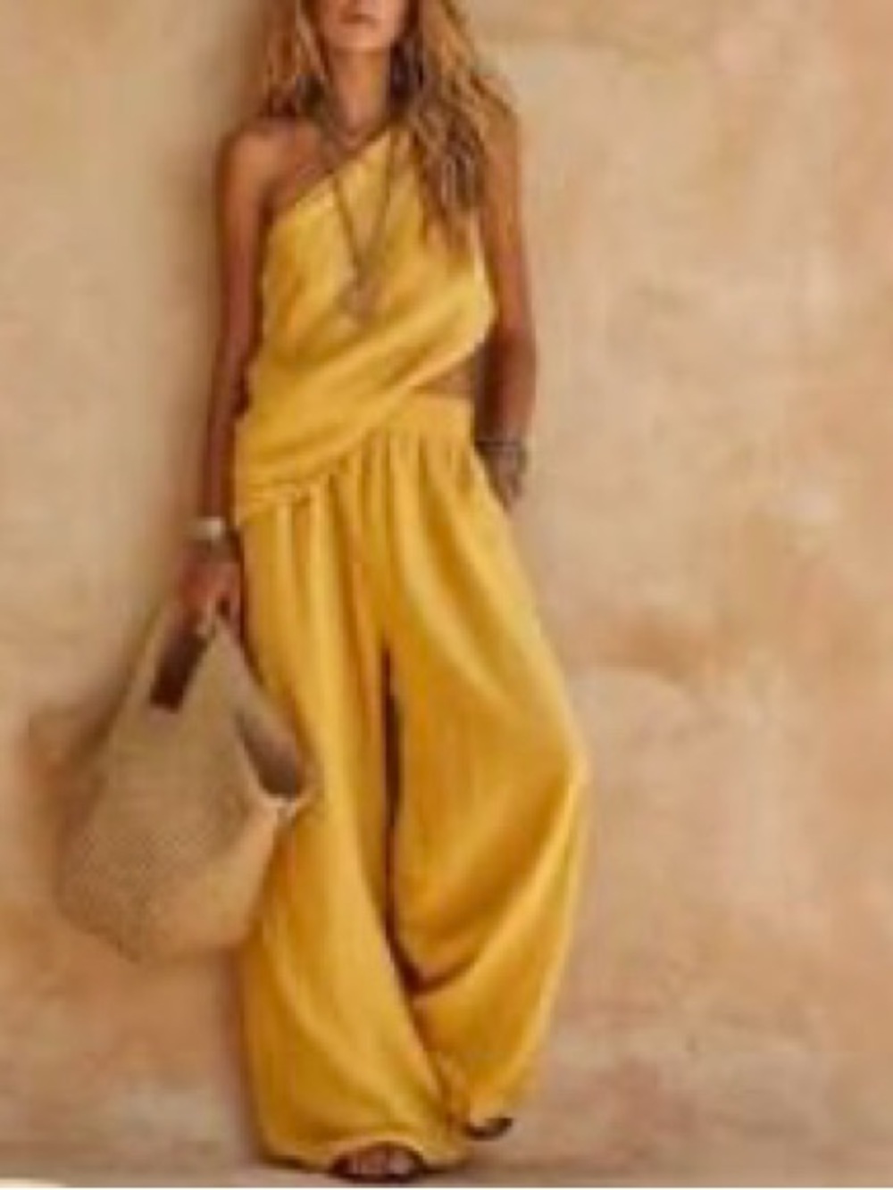 One-Shoulder Wide-Leg Jumpsuit in Yellow